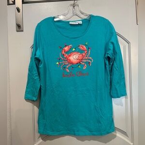 Kiwi Fresh Teal Top with Red Christmas Crab Design. So tropical and beachy!